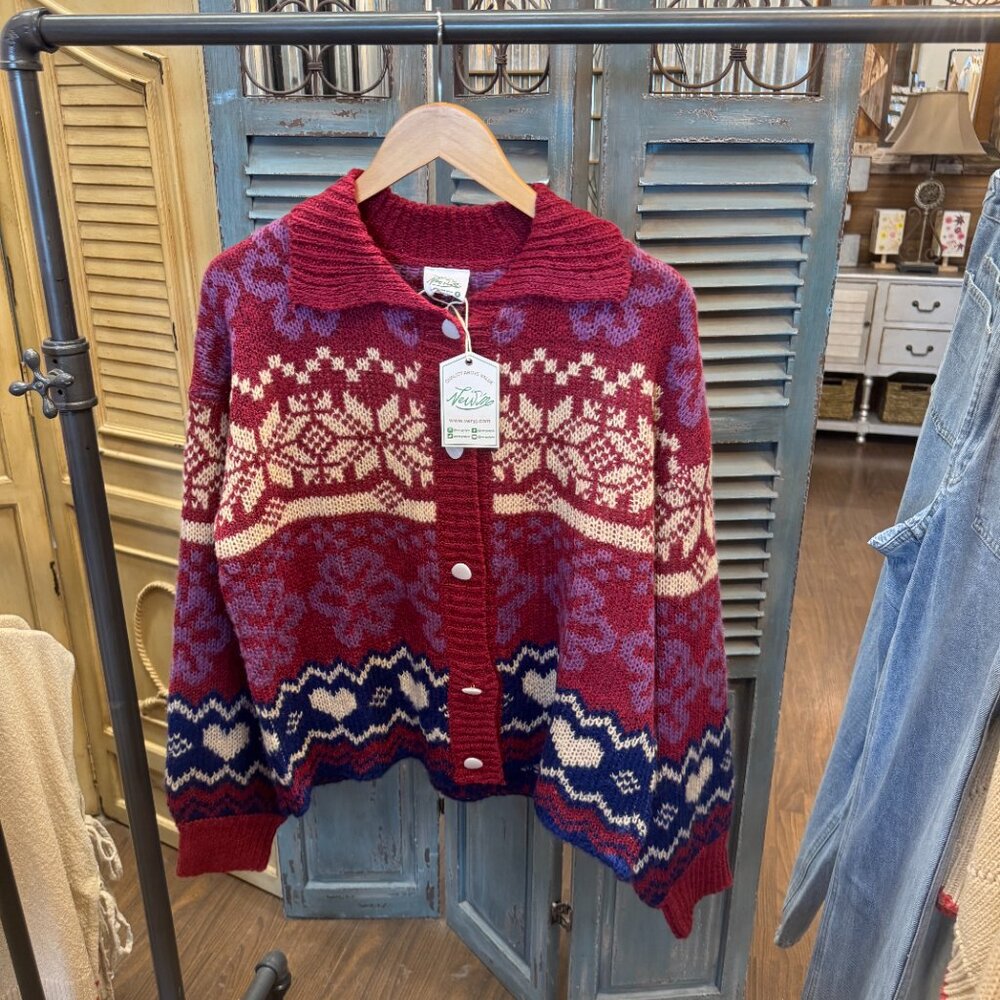 New In Oversized Button Down Red Graphic Knit Sweater Top